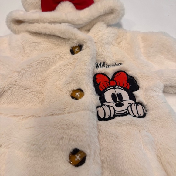 Disney Minnie Mouse Girls Faux Fur White Coat Jacket W/ Hood & Bow Size 3T - Picture 6 of 10